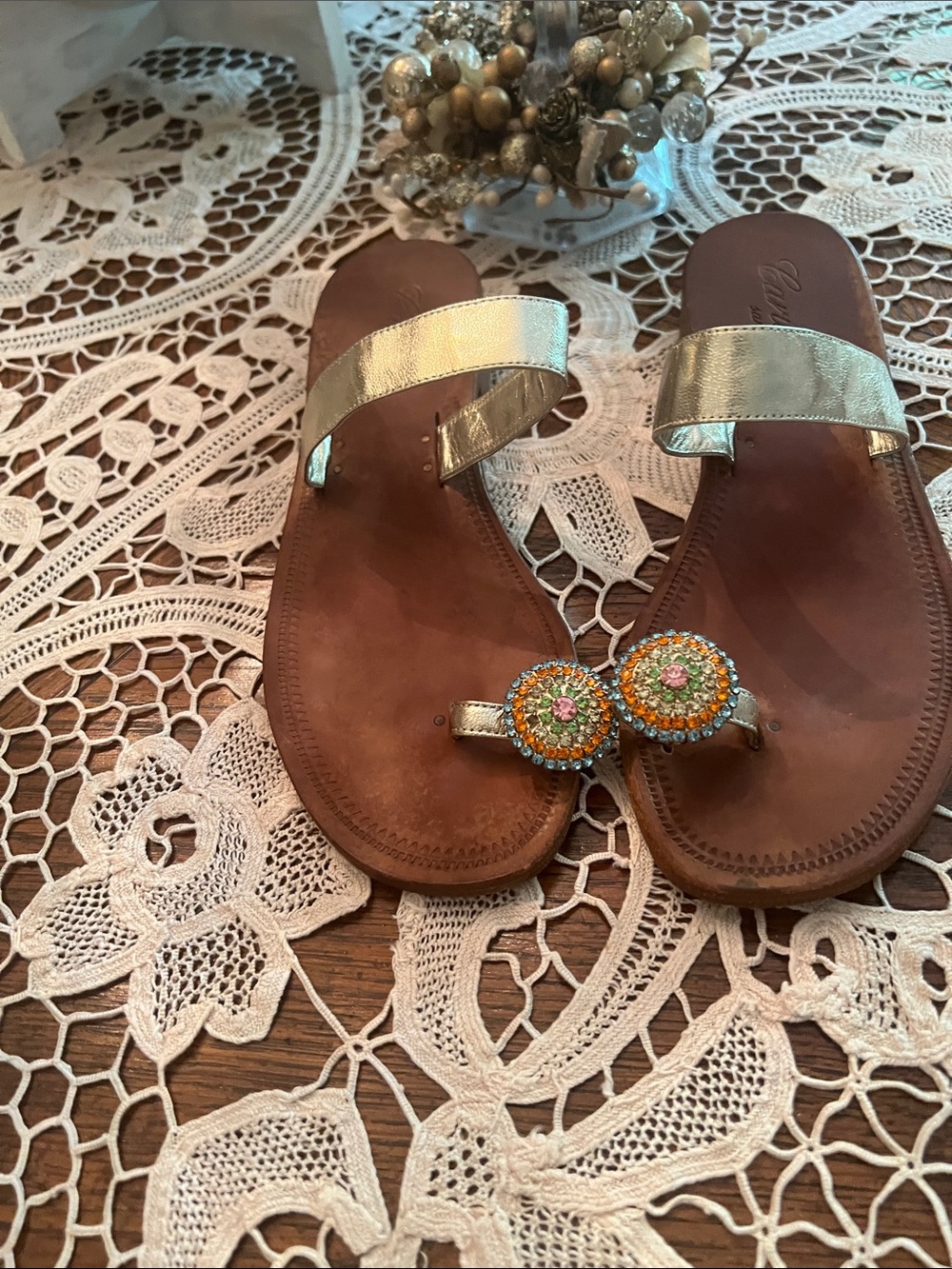 Caruso Gold Leather Toe-Loop Sandals with Multicolored Beaded Medallions